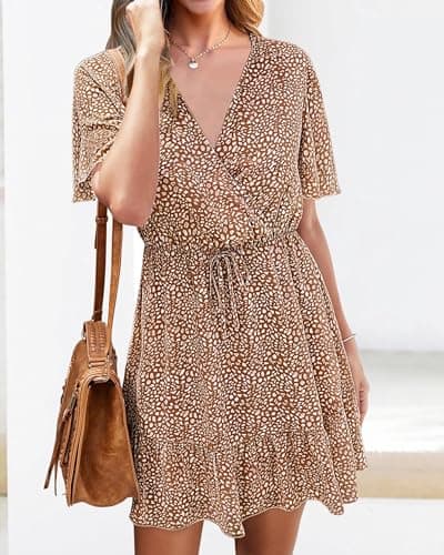 KIRUNDO Womens Summer Dresses 2026 Casual Spring Short Sleeve V Neck Ruffle Floral Print High Waist Belted Flowy Mini Dress(Coffee, X-Large) - Thumbnail 5