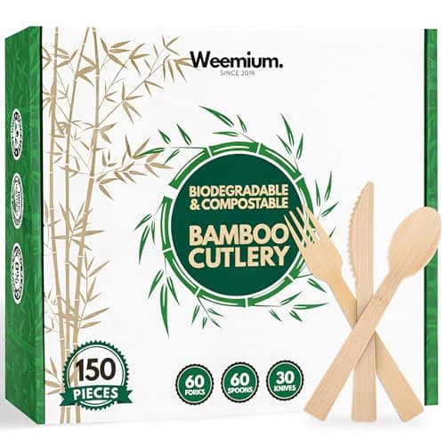 Weemium Bamboo Cutlery Disposable Set, [150 Pack] Heavy-Duty Bamboo Utensils Disposable Silverware, FSC Certified 100% Biodegradable and Compostable Utensils, 60 Forks, 60 Spoons, 30 Knives - Image 1