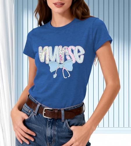 Nurse Shirt Women School Nurseing Tshirt-Bow Stethoscope Teet Ops Vintage Floral Nurse Tee B-Blue - Thumbnail 4