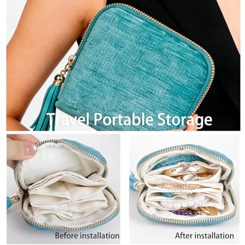ASINGYER Travel Jewelry Storage Bag for Women, Velvet Portable Jewelry Organizer with Tassel Zipper, Small Pouches for Bracelets Necklaces Rings Earrings, Wedding Gift for Women (Sky blue) - Thumbnail 3