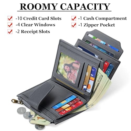 Airkit Small Wallet Women RFID Blocking Soft Leather Bifold Compact Card Holder Wallet for Women with Zipper Coin Pocket 4 ID Window - Thumbnail 2