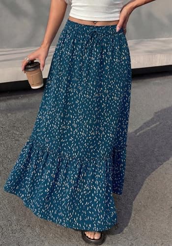BTFBM Womens Boho Maxi Skirt 2026 Summer Floral High Waisted Flowy Tiered Long Spring Beach Vacation Skirts Pockets(Blue, XX-Large) - Thumbnail 5