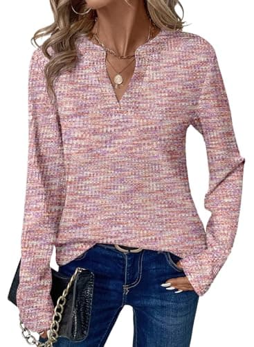 Dokotoo Womens Long Sleeve Tops V Neck Waffle Knit Henley Shirts for Women Ladies Blouses Dressy Business Casual Outfits Spring Fashion Clothing 2026 Pink Tops for Women Trendy L - Image 1