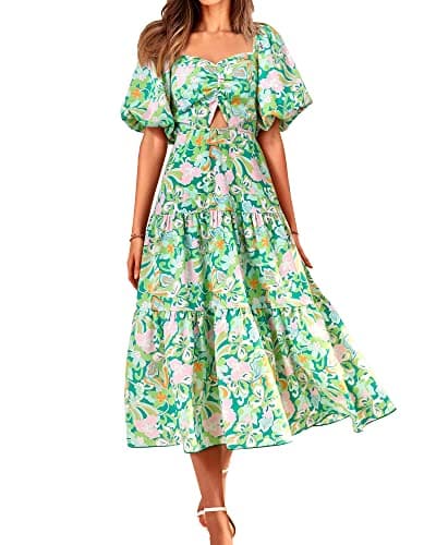 BTFBM Women's Clothing Spring Summer Dresses 2026 Beach Vacation Short Sleeve Smocked Back Boho Casual Floral Maxi Dress(Print Green, Medium) - Image 1