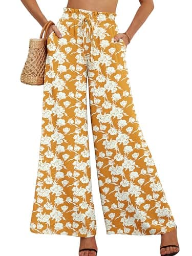 Heymoments Women's Wide Leg Dress Pants with Pockets White Flower Yellow Medium Lightweight Elastic High Waisted Adjustable Tie Knot Flowy Casual Ladies Beach Pleated Trousers - Image 1