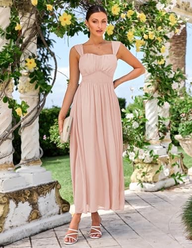 GRACE KARIN 2026 Women's Summer Sleeveless Off Shoulder Solid Flowy A Line Maxi Dresses Pink Apricot XL - Thumbnail 3
