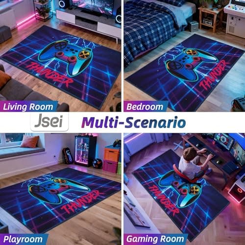 JSEI Gaming Rug for Kids Teens 32"x60", Video Game Kids Rug with Gamepad Controller Pattern, Non-Slip & Machine Washable Gaming Floor Carpet Mat for Playroom,Living Room&Bedroom, Blue - Thumbnail 6