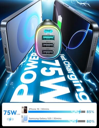 75W Car Charger USB C, 4 Port Super Fast Cigarette Lighter USB Charger, Type C 60W & QC 3.0 Multiport Car Phone Adapter Accessories for iPhone 17/16/15/14/13/12 Pro Samsung S20 S21 S22 S23, Android - Thumbnail 4