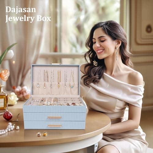 Dajasan Jewelry Organizer Box, Jewelry Storage Organizer with 2 Drawers, 3-Tier Large Jewelry Gift Box for Women, Girls, Friends, Wife or Mother, Gift Idea (Smoky Blue) - Thumbnail 6