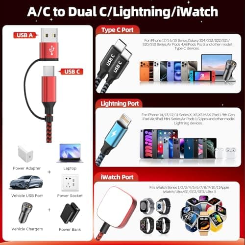 Dual Type-C Port 4in2 USB C Cable for iPhone Watch Charger/iPhone 17 Charger/Lightning,Multi Charging Cable Cord for iWatch Charger,Charger for Multiple Devices Compatible with iWatch&iPhone 16-12 5FT - Thumbnail 5