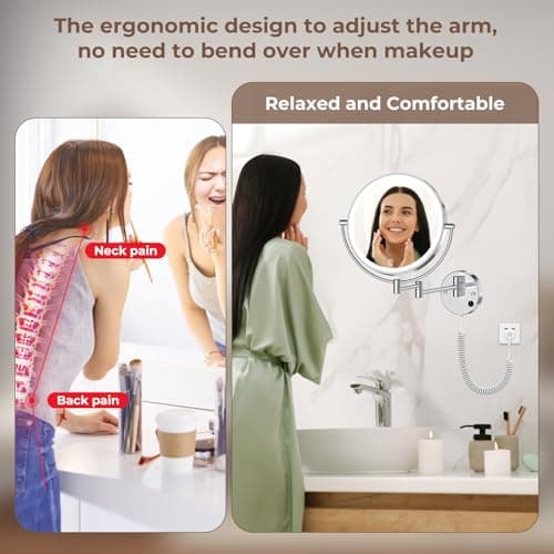 Rocollos 9" Plug-in Wall Mounted Lighted Makeup Mirror 1X/10X Magnification, Super Large Double Sided LED Vanity Mirror for Bathroom, 3 Color Dimmable 360°Swivel Extendable Shaving Cosmetic Mirror - Thumbnail 6