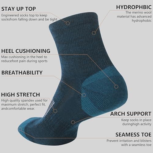 RTZAT Men's Women's 90% Merino Wool Ankle Athletic Business Casual Running Moisture Wicking Arch Support Thin Wool Socks, Navy, Medium - Thumbnail 3