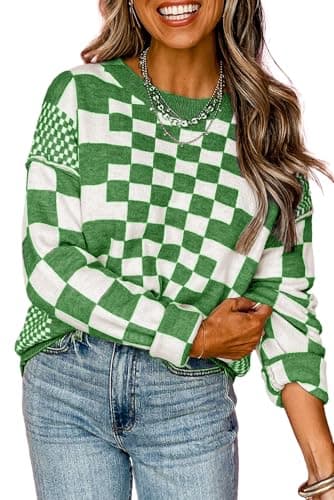 KevaMolly Womens Long Sleeve Sweaters Z Christmas Green CheckeZ Christmas Green Print Drop Shoulder Round Neck Sweater Casual Daily Pullover Tops L - Image 1