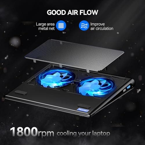 TECKNET Laptop Cooling Pad - 12"-15.6" Laptops Cooler, Powerful Cooler and Ultra Quiet for Gaming Laptops Pad, 2 Wind Speed Adjustable, USB A & C Powered Cooler Stand with Laptop Fan LED (Blue) - Thumbnail 6