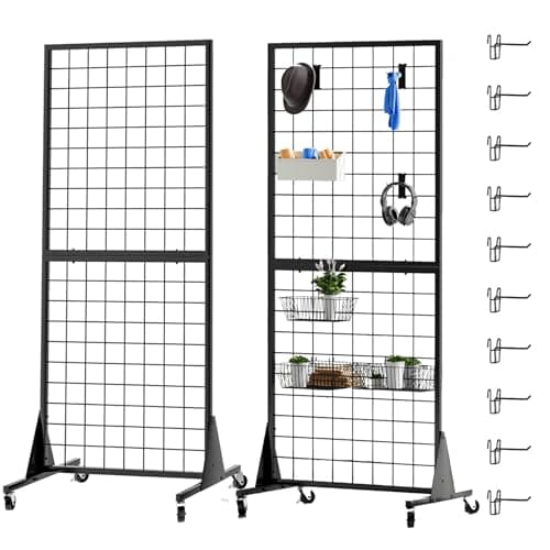 RCZSCBK 2-Pack Gridwall Panel Display Stand Heavy Duty Removable Floor Mounted Detachable Grid Display Stand 2' x 5.5' Ft Display with Additional Hook - for Retail Art Fair (Black Finish)