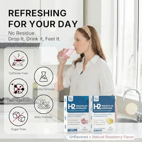 Molecular Hydrogen (H2) Tablets with 120mg Magnesium – 16 PPM Hydrogen Water Tablets Drinking for Water, Advanced Hydrogen Technology, Antioxidant Support, Natural Raspberry & Unflavored, 60 Tablets - Thumbnail 5