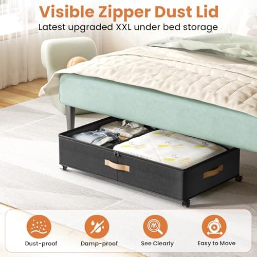 Mqaue Under Bed Storage with Wheels, 72L XXL Under the Bed Storage Containers Large, 10‘’ Tall Adjustable Storage for Underbed with Lids, Rolling for Shoes, Clothes, Blankets, Black - Thumbnail 4