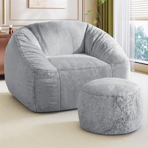 lilanoon Bean Bag Chairs with Ottoman for Adults, Comfy Beanbag Chair with High-Resilience Foam, Oversized Bean Bag Sofa with Soft Faux Fur Fabric, Bean Bag Chair for Living Room,Bedroom,Light Grey - Image 1