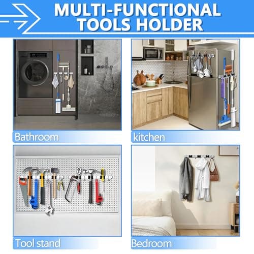 3-H Magnetic Broom Holder Wall Mount 1 Pack, 2-in-1 Dual Mount (No Drill or Screw Fix), 304 Stainless Steel Heavy Duty Magnet Mop Broom Organizer for Kitchen Garden Garage(3 Racks & 4 Hooks,Silver) - Thumbnail 6