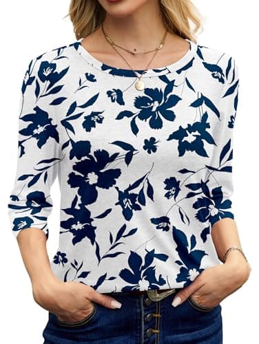NORACORA Women's 3/4 Length Sleeve Crew Neck T-Shirt - Printed Casual Basic Tops White Blue - Thumbnail 5