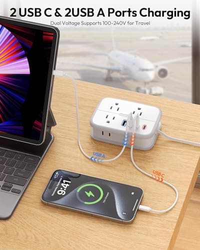 NTONPOWER 10 in 1 Travel Power Strip, 6 Outlets 4 USB Ports(2 USB C), 4ft Extension Cord Wrapped Around Small Power Strip, Compact for Travel, Hotel, Cruise Approved, White - Thumbnail 2