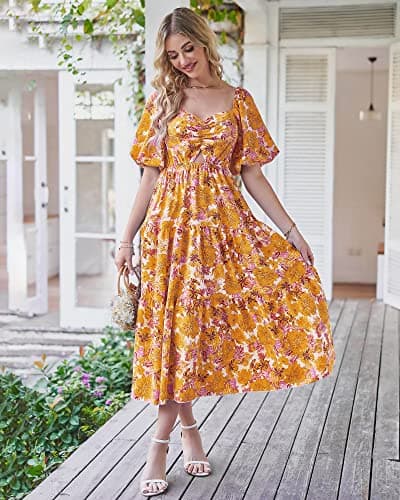 BTFBM Women's Clothing Spring Summer Dresses 2026 Beach Vacation Short Sleeve Smocked Back Boho Casual Floral Maxi Dress(Floral Yellow, Medium) - Thumbnail 3