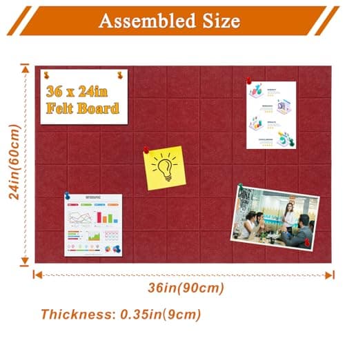 HULAVO Large Square Felt Cork Board Tiles, Self Adhesive DIY Felt Bulletin Board Pin Board with 35 Pushpins for Office School Home Wall Decor Stickers Memos Photos Display (Red) - Thumbnail 5