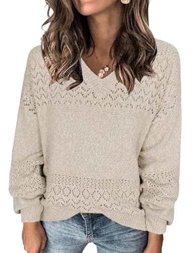Libsorge Womens Oversized Lightweight V Neck Sweater Spring 2025 Trendy Ladies Dressy Casual Outfits Fashion Clothes Sexy Crochet Knit Hollow Out Long Sleeve Pullover Tops Apricot L - Image 1