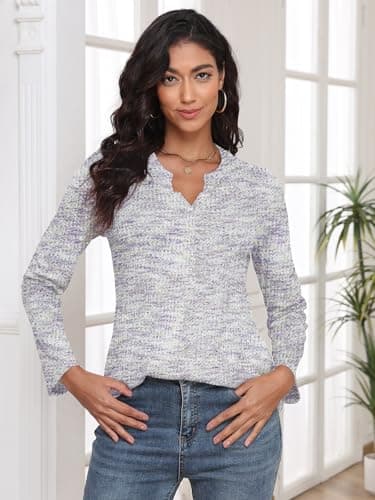 COCOMARTS Womens Waffle Knit V Neck Tops Long Sleeve Henley Shirts Casual Blouses Fall Winter Outfits 2025 Trendy Clothes Purple White Large - Thumbnail 3