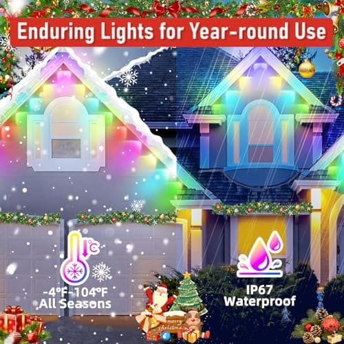 MUCCCUTE Permanent Outdoor Lights for Valentines100ft RGB + IC Eaves Lights with App & Remote Control, Outdoor String LED IP67 Waterproof for Holidays New Year July 4th Roof Eaves House Garden Decor - Thumbnail 2