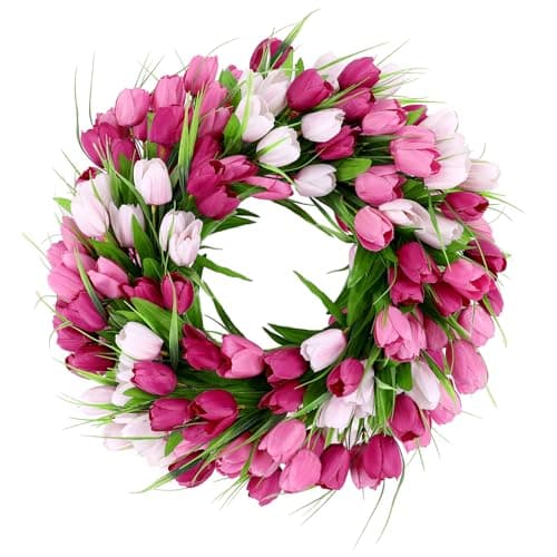 U'Artlines 20 Inch Tulip Wreath for Front Door, Spring Summer Silk Wreath with Green Leaves Artificial Tulip Flower Wreaths for All Seasons Window Wall Wedding Valentines Day Decor - Image 1