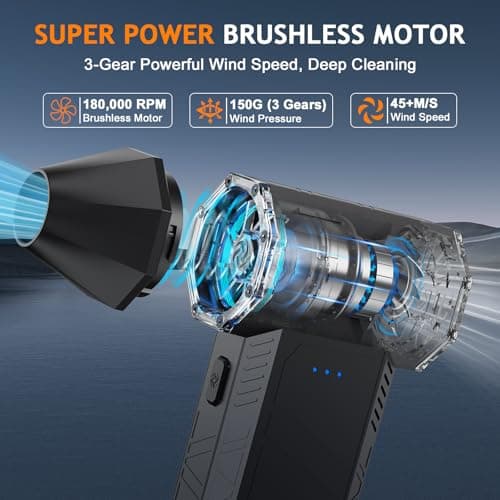 Compressed Air Duster - 180000RPM Powerful Electric Air Duster, 3 Gear Adjustable Cordless Air Blower, Rechargeable Dust Cleaner for Keyboard, Computer, Home, Outdoor, Car - Thumbnail 2