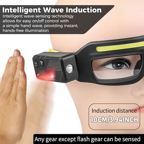 NIRIAHO Adjustable Headlamp Glasses with Motion Sensor Rechargeable Headlight Safety Glasses for Camping Hiking Fishing Cycling Yellow - Thumbnail 2