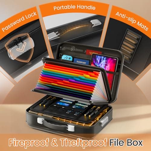 Fireproof Document Box with Lock, 5200°F Fireproof Water Resistant Hard Case File Organizer Safe Box for Important Documents, Certificates, Laptop, Passports (Black) - Thumbnail 4