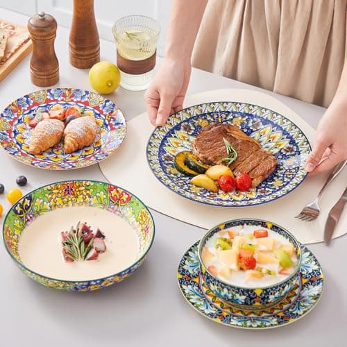 vancasso 24 Pieces Dinnerware Sets, Plates and Bowls Set, Porcelain Dishes Set for 6, Microwave and Dishwasher Safe, Scratch Resistant, Bohemian Style Dining Ware Service for 6, Series SIMI - Thumbnail 5