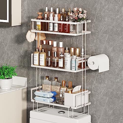 Godboat Bathroom Organizers and Storage, 3-Tier Over The Toilet Storage, Wall Shelf with Paper Holder and 2 Hooks, No Drilling Cool Decor and Home Decor, Gifts for Women, Mom, Mothers Day (White) - Image 1