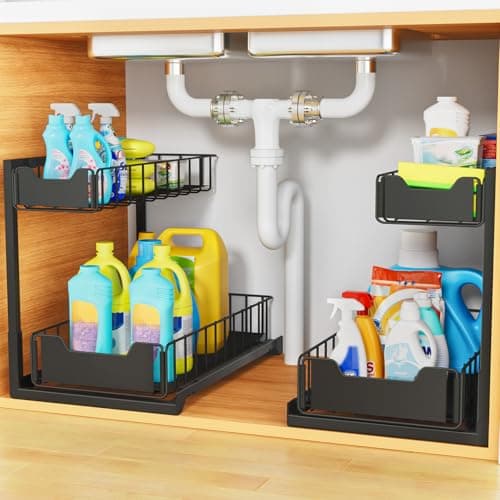 HAIREALM 2 Pack Under Sink Organizer, Under Sink Organizers and Storage, Smooth & Silent Sliding Out Metal Drawer for Kitchen Bathroom Pantry Cabinet Closet Black（L-2PC） - Image 1