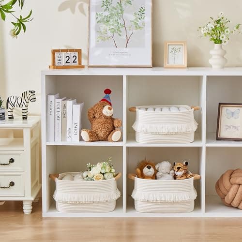 BUBUSUN Woven Baskets, 3-Pack Storage Basket for Living Room, Bedroom, Nursery, Stylish Gift Basket with Handles, Cotton Rope Basket for Toys and Shelves, Multi-Purpose Organizer, White - Thumbnail 5