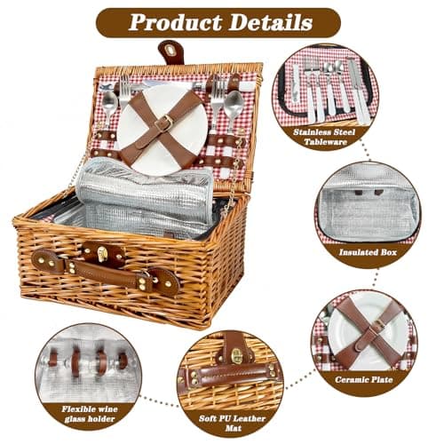 Picnic Basket Set for 2: Handmade Wicker Picnic Basket, Insulated Picnic Basket with Cutlery Kit for Outdoor, Picnic, Camping, Party, Holidays - Thumbnail 4