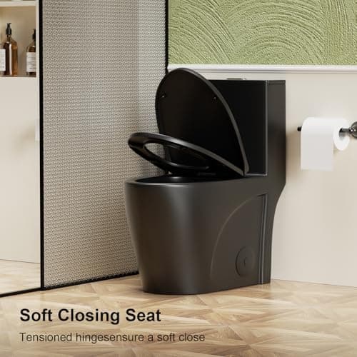 Elongated One Piece Toilet with Comfort Chair Seat ADA Height 17.3" Modern Toilet for Bathroom, Dual Flush 0.8/1.6 GPF and MAP 1000g, 12" Rough-In, Soft Closing Seat,Matte black - Thumbnail 5