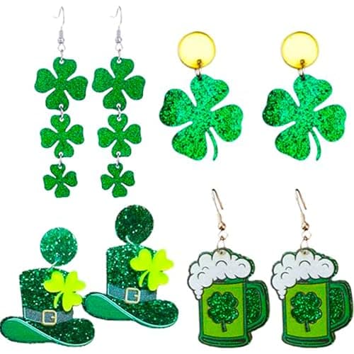 St. Patrick's Day Earrings for Women,St Patricks Accessories，Irish Shamrock Acrylic Dangle Jewelry, Green Hat Clover Drop Earrings for Irish Festival,4 Pcs - Image 1