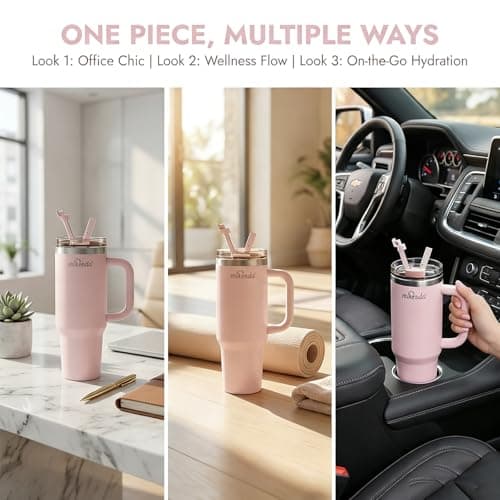 MIKENDA 40oz Insulated Tumbler with Straw | Double Wall Stainless Steel Travel Mug | Leak Proof Lid, 24hr Cold & 12hr Hot | Reusable Water Bottle for Office, Gym, Hiking (light pink) - Thumbnail 4