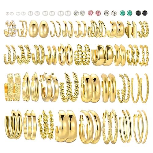 46 Pairs Gold Hoop Earrings Set for Women, Fashion Hypoallergenic Chunky Twisted Pearl Stud Earrings Multipack, Small Big Hoops Earring Packs Trendy for Christmas Birthday Party Jewelry Gift - Image 1