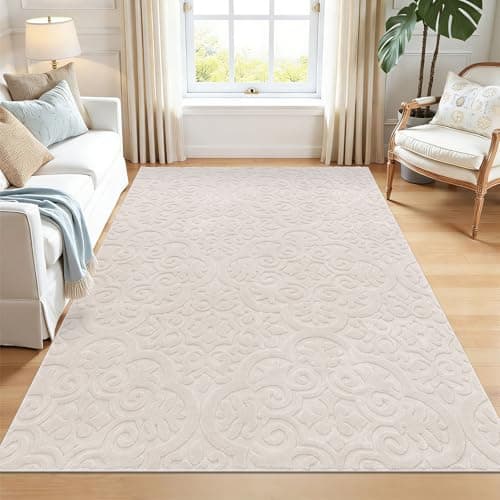U'Artlines 5x7ft Washable Area Rug for Living Room, Neutral Beige Modern High-Low Pile Rug for Bedroom, Non Slip Soft Cozy Fluffy Large Floor Carpet for Dining Area, Kids Nursery Room - Image 1