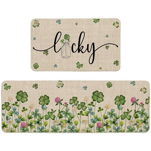Printspree Lucky Clover Kitchen Rugs Set of 2, Shamrock and Floral Design for Kitchens, Doorways, and St. Patrick's Day Decor, Non-Slip Rubber Backing Floor Mats, 17x29 and 17x47 Inch - Image 1