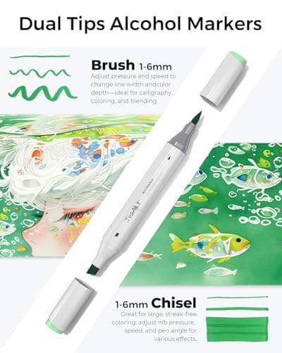 JusArt Alcohol Markers Brush Tip, 48 Colors Dual Tip Art Markers with Brush & Chisel, Alcohol Based Marker Set for Adult Coloring Books, Drawing, Illustration, Sketching, No Bleed Ink Art Supplies - Thumbnail 2