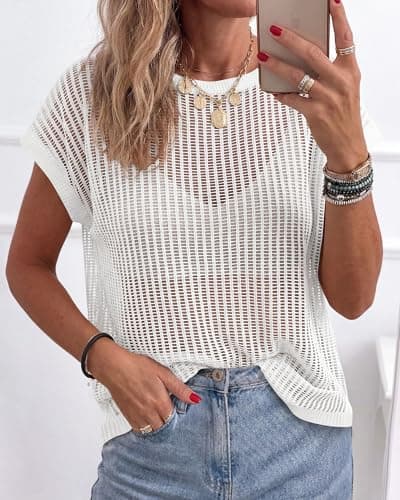 KIRUNDO Crochet Tops for Women 2026 Summer Beach Cover Up Mesh Top Lightweight Sweater Cruise Resort Wear Vacation Outfits(White, XX-Large) - Thumbnail 2