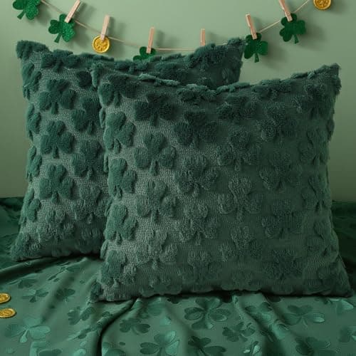 decorUhome St. Patrick’s Day Shamrock Green Pillow Covers 16x16 Inch Set of 2, Soft Plush Faux Wool Throw Pillow Covers, Farmhouse Spring Holiday Decor for Sofa Living Room - Thumbnail 6
