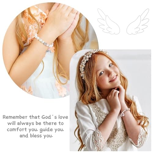 BAYLAY First Communion Gifts for Girls - First Communion Bracelet for Girls, Angel Wings Pearl Heart Z Initial Bracelets - Thumbnail 4