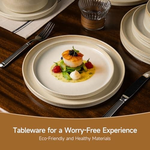 ALOFMO Stoneware Dinnerware Sets, Plates and Bowls Sets for 4, 12-Piece Ribbed Dishes – Chip & Scratch Resistant, Microwave and Dishwasher Safe Tableware, Beige - Thumbnail 4
